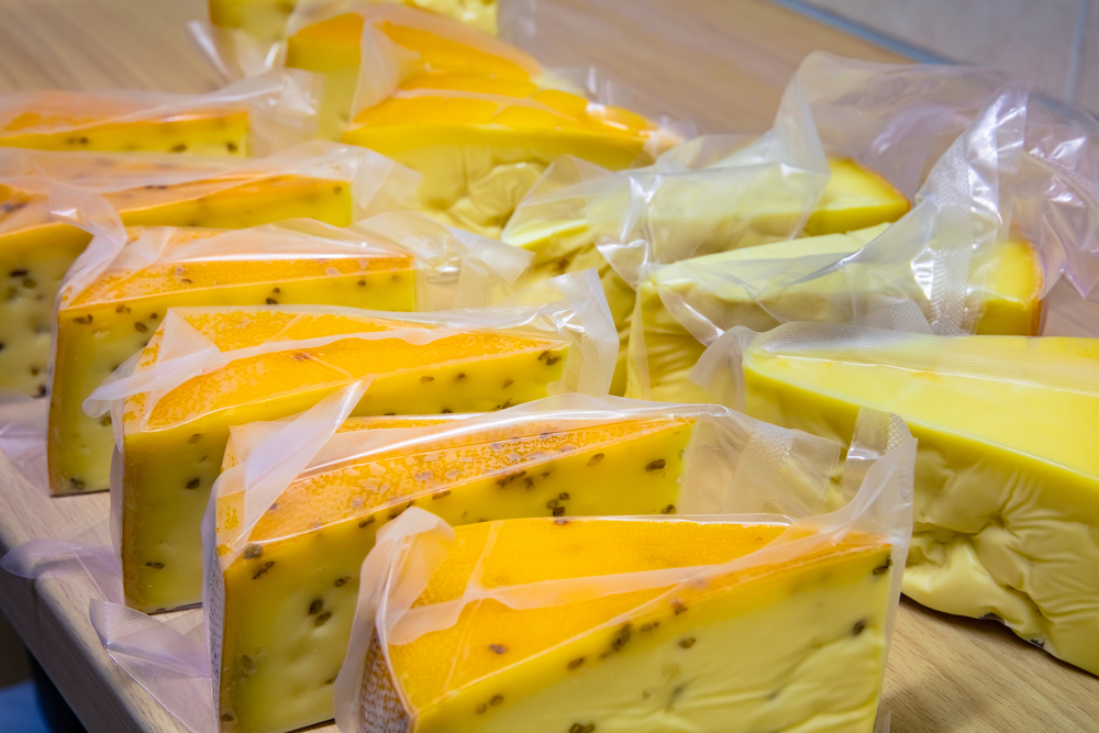 A small amount of vacuum packaged cheese. 